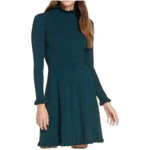 ELIZA J Ruffle Mock Neck Ribbed Knit Sweater Dress Hunter Green Size XL
